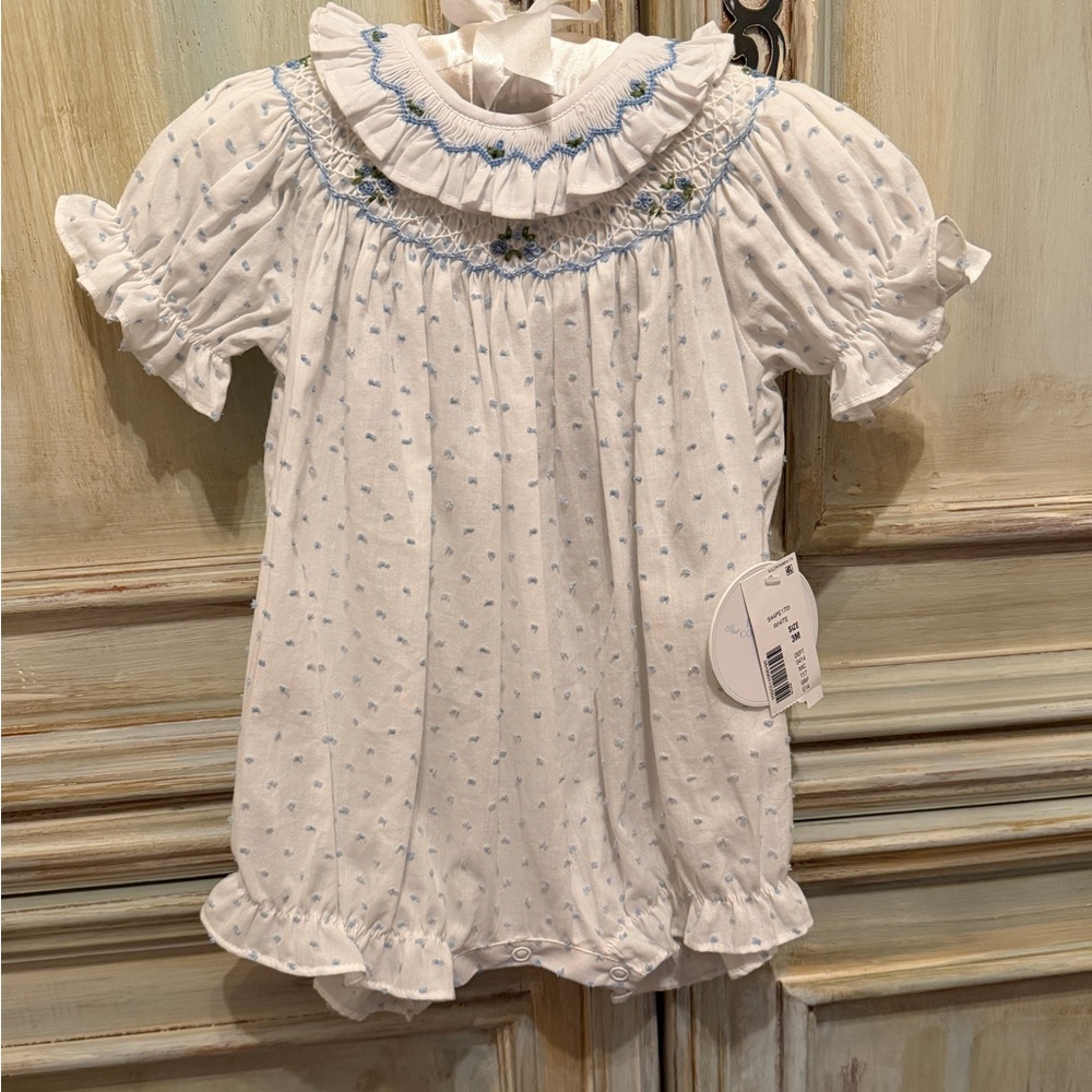 Edgehill Collection White Baby Dress Romper with Light Blue Accents